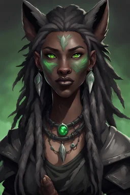 generate a dungeons and dragons character portrait of a female wolf-human hybrid with black skin, dreadlocks, green piercing eyes, fangs and a thick nose. She is wearing black clothes and has tusks