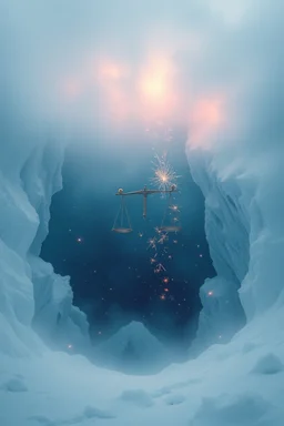 In the cloud an abyss containing the big scale of justice in an icy winter with cold sparks flying