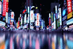 Cinematic view of Tokyo city at night, melancholic, buildings with blue neon signs and flags, rain, high definition, 3D