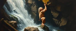 master oil painting by Rembrandt,troll climbing inside the waterfall
