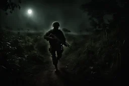 Spectral ghost of a headless soldier carrying a Thompson machine gun through the Congo at night