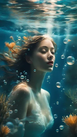 Illustrate a scene of a woman gracefully submerged underwater, surrounded by bubbles and aquatic flora. Capture the play of light through the water, accentuating the ethereal beauty of the underwater setting