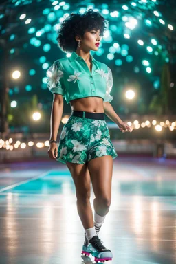 Influencer wearing blue-green button-up crop top, transparent floral print sleeves, white high-waist button-up shorts, sports short curly black hair with flower clips, dominates a vintage skating rink scene, surrounding bokeh lights twinkle, captivating, UHD drawing, ultra-realistic, dramatic lighting.forest Steps: 25, CFG scale: 7, width: 512, height: 768, Seed: undefined, Clip skip: 2, baseModel: SD1