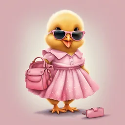 Bring a smile to young readers with a delightful illustration of a cute baby chick dressed in a fashionable skirt and pink top, accessorized with a handbag and sunglasses.