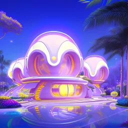 landscape of summer tropical ambient beautiful villa white gold and neon lights bright and colorful bright gloss effect of a futuristic house,like spaceship, natural round shapes concept, large transparent view of the open outdoor garden,sea beach at sunset, gold crystals,with light pink, flowers of Lotus, beutiful pools, light of sun , palmiers,cerisiers en fleurs, wisteria, sun , stars, small waterfalls