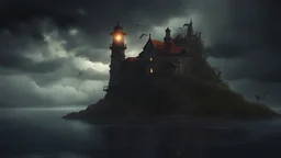 fantasy style. stormy night, island, lighthouse and witch tower