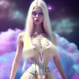 Fuul body white woman with legs, long blond hair, blue eyes, pink and blue dress in a galactic ambiance, delicate colors in the foreground, full of details, smooth, light effect，vaporwave colorful, smooth, extremely sharp detail, finely tuned detail, ultra high definition, 8 k, unreal engine 5, ultra sharp focus