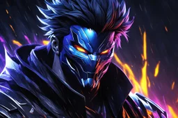 Machine venom in 8k solo leveling shadow drawing style, yasuo costume, yasuo hair, rain, neon effects, highly detailed, high details, detailed portrait, masterpiece,ultra detailed, ultra quality