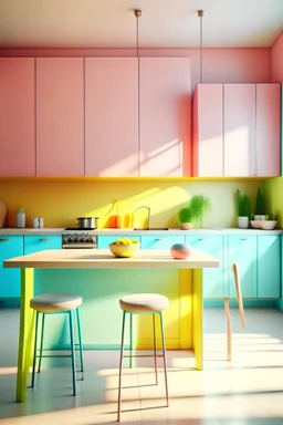 a photo of a gorgeous modern colorful kitchen, pastel colors, bright interior, sunlight