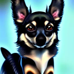 black chihuaha papilion dog, chion, sweet, realistic, long hair chihuaha