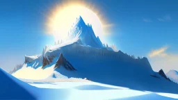 a single ivory mountain with the blue sky and the icy sun behind it