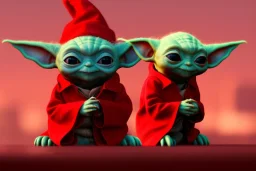 baby yoda wearing a red christmas hat . neon cyberpunk city backround