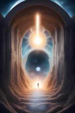 10 portals to different dimensions opening within each other coming from fantasy far away view of beam
