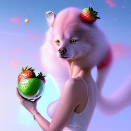 tropic landscape, white background, aerographic style,realistic painting of a beautiful wife and a big jar of marmelade,volumetric blue clouds,pink sky environment and flying strawberries in background, volumetric lighting,dramatic lighting, detailed digital painting, extreme dense and fine fur, anime, ornate, colour-washed colors, elegant, small minutiae, tiny features, particulars, centered, smooth, sharp focus, renderman gofur render, 8k, uhd, detailed eyes, real