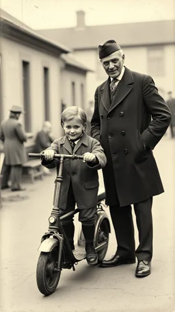 An old picture style of black and white mono very bad quality looks very old camera picture with cracks a 10!years old boy with a scooter standing with a man with Antony queen the actors , year 1900