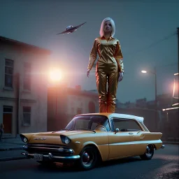 Ultra Realistic retro sci-fi, 1960 year, levitating all cars by young blonde woman quiet, latex suit, soft color, highly detailed, unreal engine 5, ray tracing, RTX, lumen lighting, ultra detail, volumetric lighting, 3d, finely drawn, high definition, high resolution.