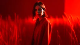 Cinematic still image glowing portrait in a surreal world with shining red grass, minimal soft studio light photography, fine art photo, dark red and white, minimal outfit, redscale color light scheme