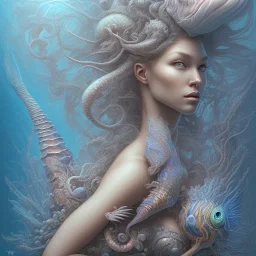 sango fantasy, fantasy magic, intricate, sharp focus, illustration, highly detailed, digital painting, concept art, matte, artgerm and paul lewin and kehinde wiley, masterpiece sexy lips African lady body mermaid lionfish head turquoise space lady beach sea under water mermaid seaweed