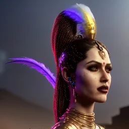 pretty arabian cyber woman, cold ambient, latex, cables, purpurin, blood, black, gold, piercings, brown, decorative color feathers, circuits, neon style, a lot of led lights, fog, rain, vibrant color, highly detailed, art stations, concept art, smooth, unreal engine 5, god rays, ray tracing, RTX, lumen lighting, ultra detail, volumetric lighting, 3d, finely drawn, high definition, high resolution.