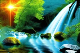 River up and down, rainbow, waterfall, forest, moon, mist