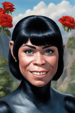 Planet of the Apes - black hair, Deep Blue Eyes - head and shoulders portrait - Smiling - Lenna, part chimpanzee, part human, short, bowl-cut, straight black hair, the bangs cut straight across the forehead, she resembles a Zira from the Planet of the Apes, and she resembles Spock - Mountains, blue skies, clouds, red roses, blue roses, yellow roses, honeysuckle roses, carnations, lilacs, oil painting by Frank Frazetta