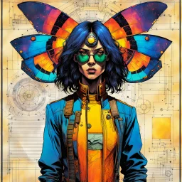 Hand drawn technical,full body portrait illustration , with detailed blueprints and engineering schematics of a walking hybrid Madagascan sunset moth insect girl, in the comic book art style of BILL SIENKIEWICZ and JEAN GIRAUD MOEBIUS, with highly detailed facial features, drawings, and technical notation, 8k, vibrant natural colors