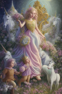 Octodream of flower meadowv with9 child girl sleeping and a unicorn