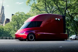 A Tesla 'Semi' (semi truck) is parked, in 'Central Park' in New York City. (CINEMATIC, WIDE ANGLE LENS, PHOTO REAL)