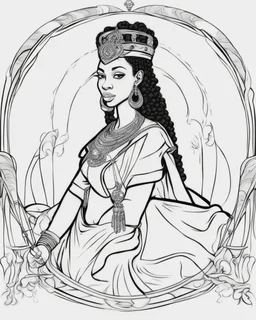 Outline art for coloring pages with queen Nzinga , white background, sketch style, only use black outline, white background, no shadows and well and clear outline , white background, sketch style, only use black outline, white background, no shadows and well and clear outline