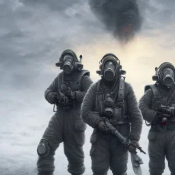 3 hommes en uniformes russes 2022, masque à gaz noir, 4k, réaliste, paysage dévasté, explosion nucléaire en fond, couleurs vives