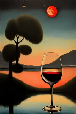 Oil painting (like Rene Magritte). Night, small moon, stars. A glass with a tall stem designed for red wine, yet it holds a lake instead.