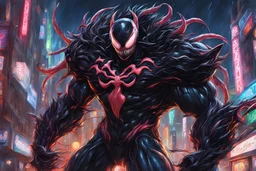 Venom machine in 8k Hayao Miyazaki draw style, yu gi oh them, neon effect, close picture, rain, highly detailed, high details, detailed portrait, masterpiece,ultra detailed, ultra quality