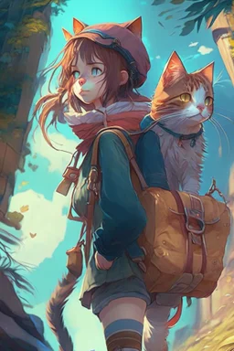 a girl and Cat on an Adventure, 4k, full detail, high resolution, digital art, anime, perfect drawing