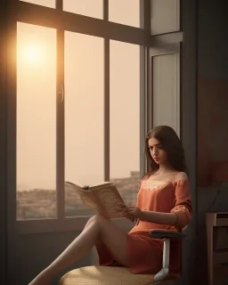 Beautiful, thin young woman, Arab home clothes, wavy hair, sitting on an office chair, reading a novel, next to a window, outside the window is sunset , 8k, finely detailed, photo realistic.