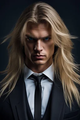 portrait of a malavolent stunningly handsome male aged 25, muscular, long blonde hair, blue eyes, wearing a dark suit, angry expression,4k, modern fantasy