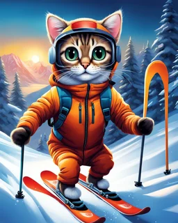 Hermosa Pintura coloreada de un gato antropomorfico con traje de esquiador, esquiando en la nieve, calidad ultra, hiperdetallado,12k