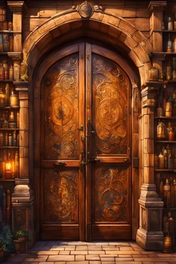 Massive wide open wooden door with lots of details and magical symbols showing a hidden magical market. Harry Potter. Magical. Epic. Dramatic, highly detailed, digital painting, masterpiece