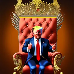 Donald Trump, oil painting, crown, sitting, throne, dragons