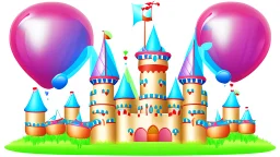 Illustration of a balloon castle, this castle is the party decoration factory. detailed illustration, realistic and colorfull