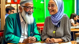 A 30-year-old teacher in the university cafeteria looks at an old man, 60 years old, sitting at another table next to hers. Egyptian complexion. The teacher is happy. The teacher is veiled.