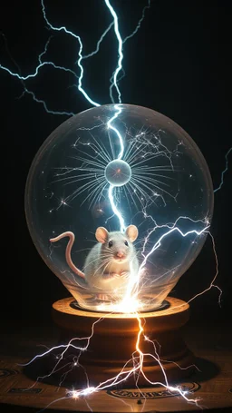 In a liberty. crystal ball inside it a an electrical spark and rat is open eyes wide from the electrical shock