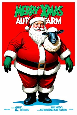 Create a 1990s-style movie poster featuring a jolly, portly Santa Claus merged with a fluffy, endearing sheep. The poster should capture the festive and comedic spirit of 'National Lampoon's Christmas Vacation.' Include the title 'Merry Xmas Autofarm' prominently, with a nostalgic and humorous holiday vibe. Use bright, cheerful colors and playful elements to make the poster stand out.