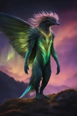 A stunning full body photo of a strange land creature made of aurora borealis, glowing, nene thomas, volumetric atmosphere, best quality, sharp focus, highres, vibrant intricate, insanely detailed, breathtaking, precise lineart, comprehensive cinematic, max detail, 4k uhd, digital art, adward winning, trending on artstation, dynamic pose