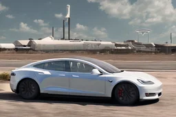 A Tesla 'Model S' is racing at top speed, in the 'Kennedy Space Center' in Florida. (CINEMATIC, WIDE ANGLE LENS, PHOTO REAL)