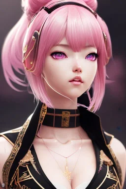 Detailed cute anime Kunoichi girl, pink hair buns, pink bangs, black latex bodysuit, intricate details, full body portrait, keep head in frame, slight smile, black Japanese motif, concept art, highly detailed, digital painting, concept art, sharp focus, illustration, art by Yoji Shinkawa, WLOP and greg rutkowski and alphonse mucha and artgerm and yanjun Chen and Junji ito and Makoto Shinkai, HDR, octane render