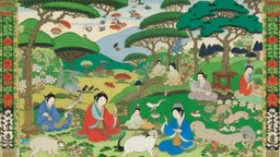 A painting by Kunisada and Matisse of people practicing yoga surrounded by wild animals and lush vegetation.