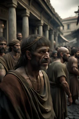 imagine a scene of an ancient roman humans with big depression on their faces in a old market big focus big fear low details realistic humans