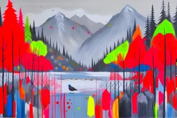 This painting is a colorful abstract artwork, featuring an array of grey tones and textures surrounded by various shapes and forms that create an interesting composition. In the background there are hints of a landscape with trees and mountains, while closer to the foreground there are splashes of red which could be interpreted as a bird in water. This piece has been created using acrylic paint on canvas, giving it an almost three-di