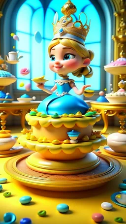 The cakes are baking, sweet scents fill the air, Teacups aligned with precision and care. The invitations sent, like birds on the wing, Spreading the news of the royal gathering. , cartoon,3D