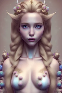 fairy style, head, women, portrai,long hair sketch of a girl on lined paperA beautiful one nude body of a make up smiling woman blond long hair, alone, high key lighting, volumetric light high details with white stripes and blue eye, smiling with plump pink lips, flowers around, unreal engine petit prince belle fine, profil de trois quart, grand front cosmique, peau bleu cristalline, yeux bleu, perle sur le front long cheveux blond et rose etoilé, cristaux sur le corps, collier de grande prince